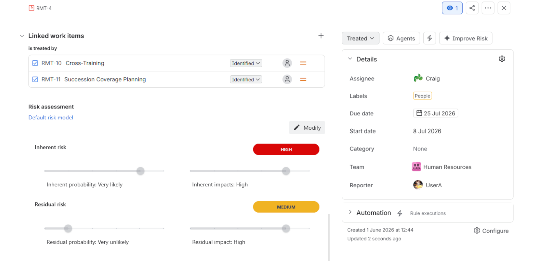 Risk assessment panel showing inherent and residual risk scoring in Jira