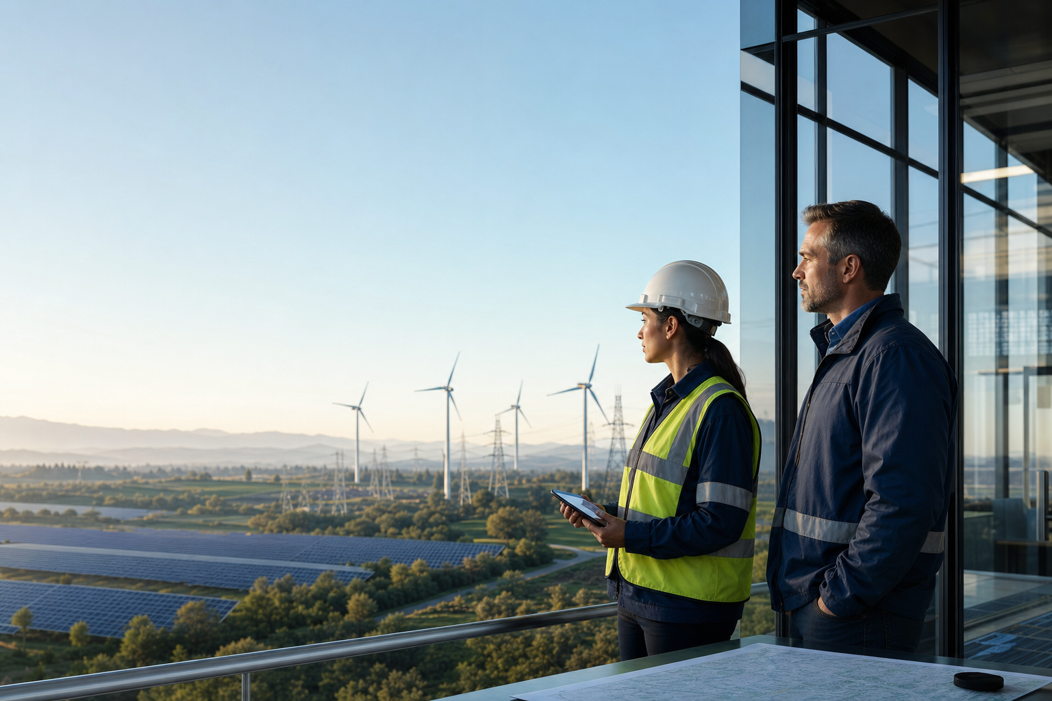 Energy and utilities professionals overlooking renewable generation and transmission infrastructure