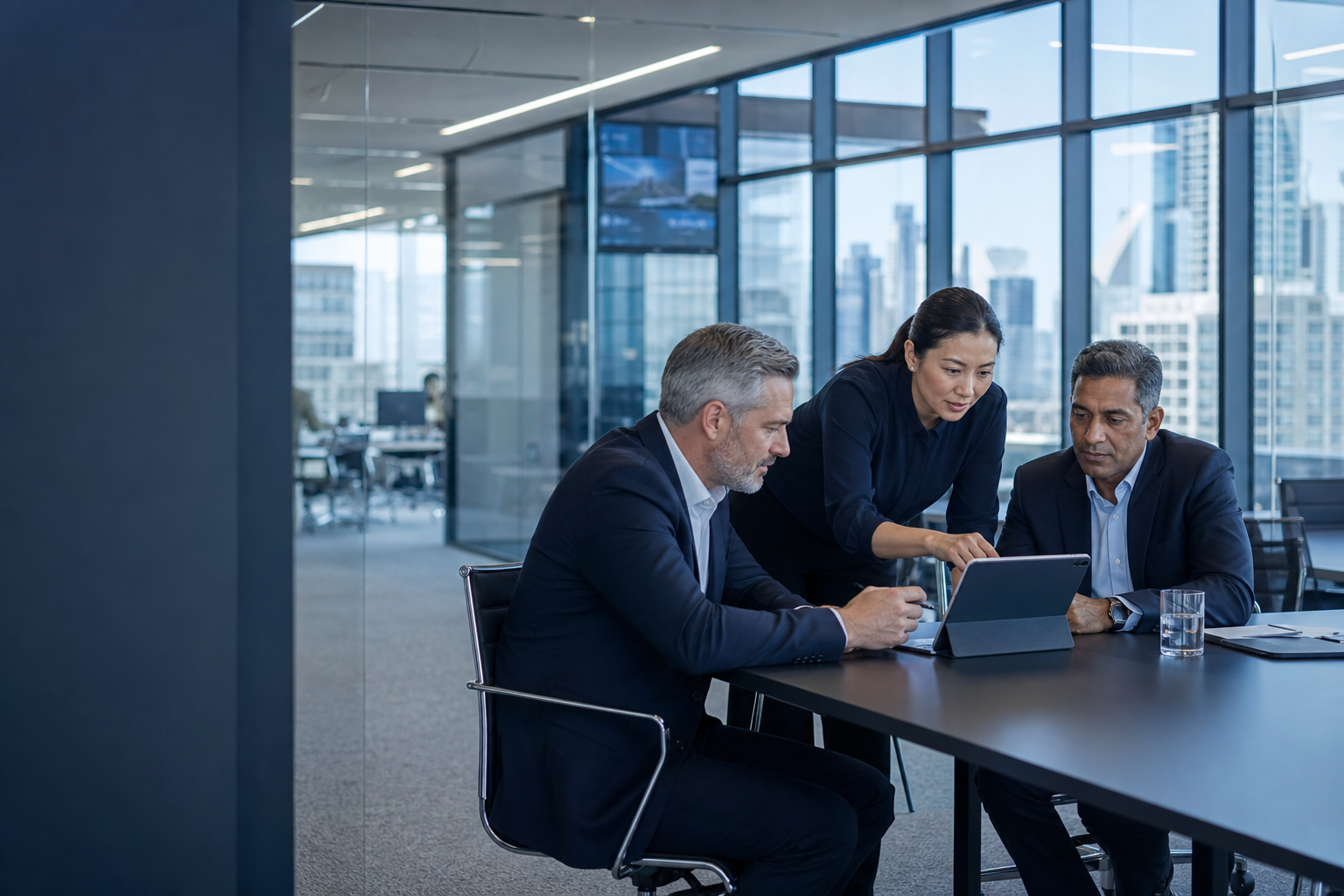 Financial services risk and technology professionals collaborating in a modern workplace