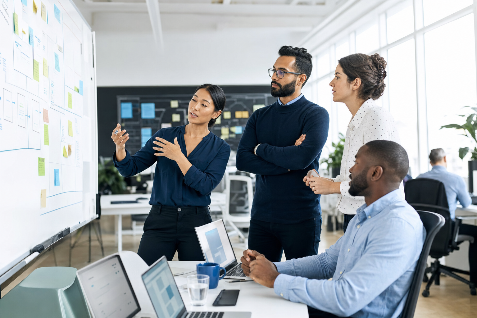 Agile technology team collaborating around a delivery board